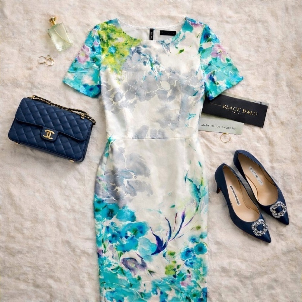 Watercolor Floral Sheath Wedding Guest NWT Black Halo Womens SZ 8 Quiet Luxury